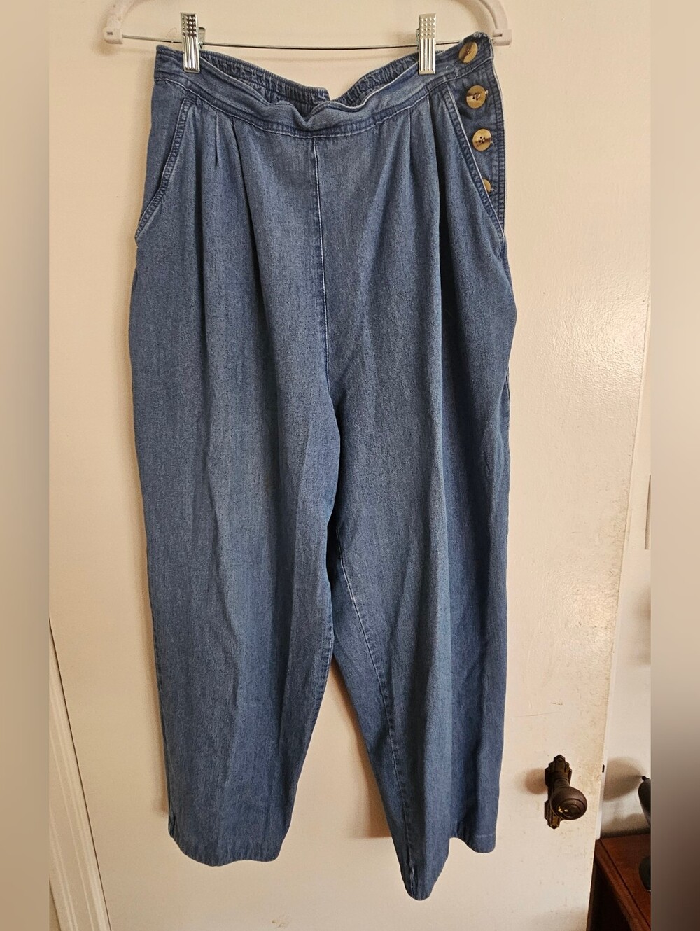 Vintage 90s Weekend Edition Pleated Cotton Denim Trousers Side Button Sailor